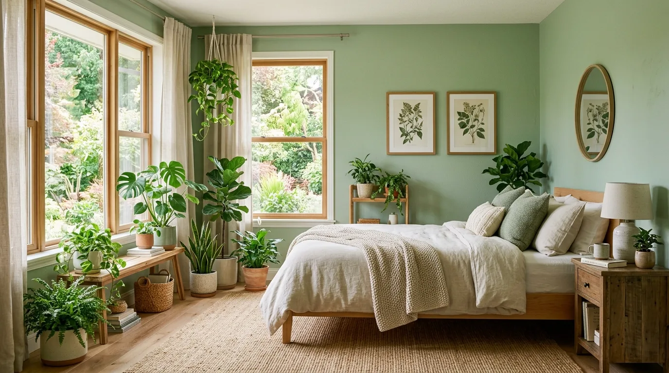 Let lighting stay warm and diffused in the evening inspiration for a sage green bedroom.